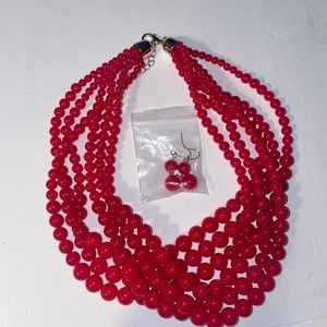 NWOT Fashion Imitation Pearl Beaded Design Women Layered Necklace Earrings Set